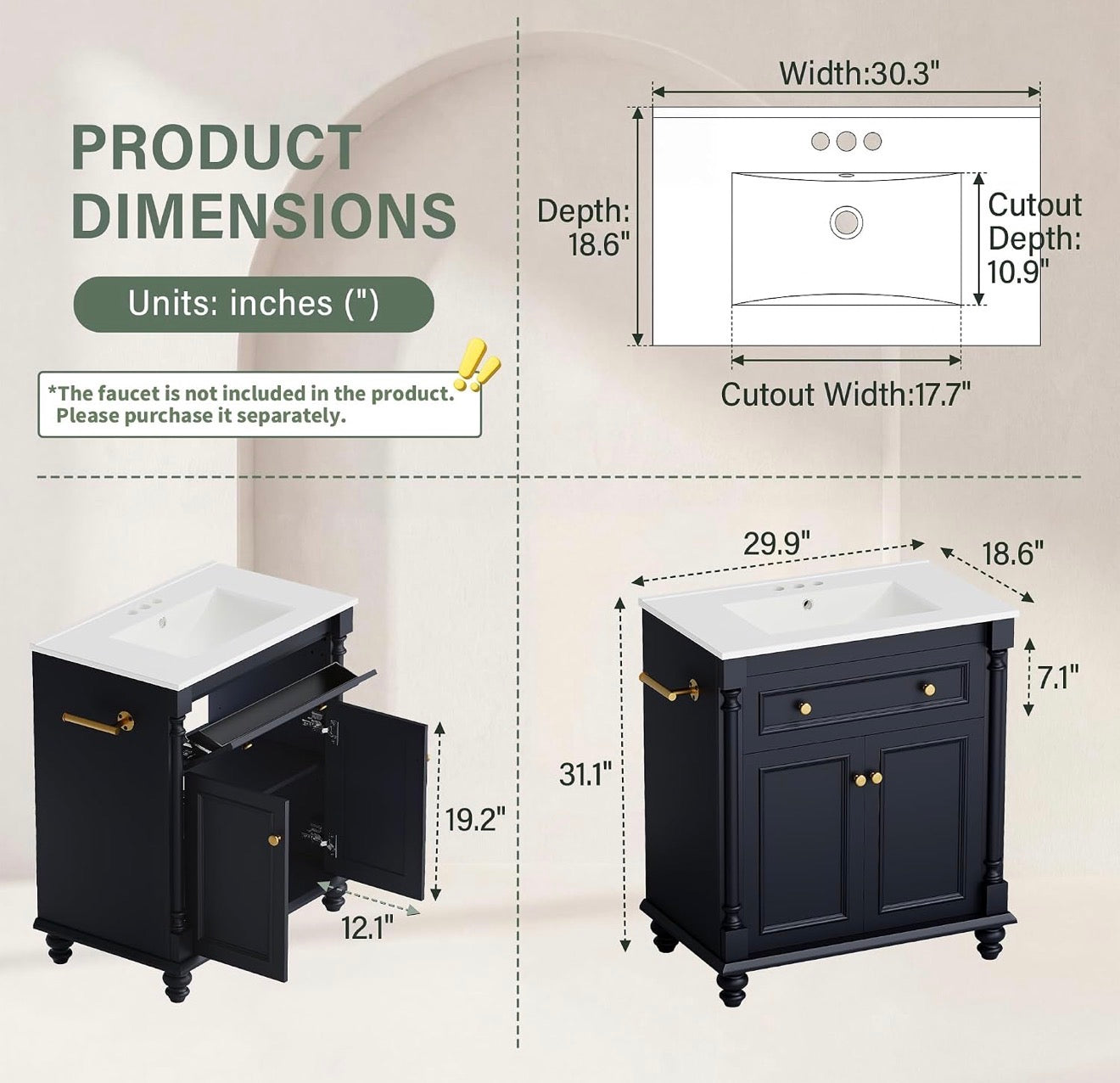 30” Bathroom Vanity with Integrated Ceramic Sink – Dark Blue