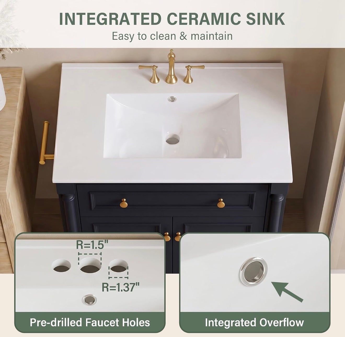 30” Bathroom Vanity with Integrated Ceramic Sink – Dark Blue