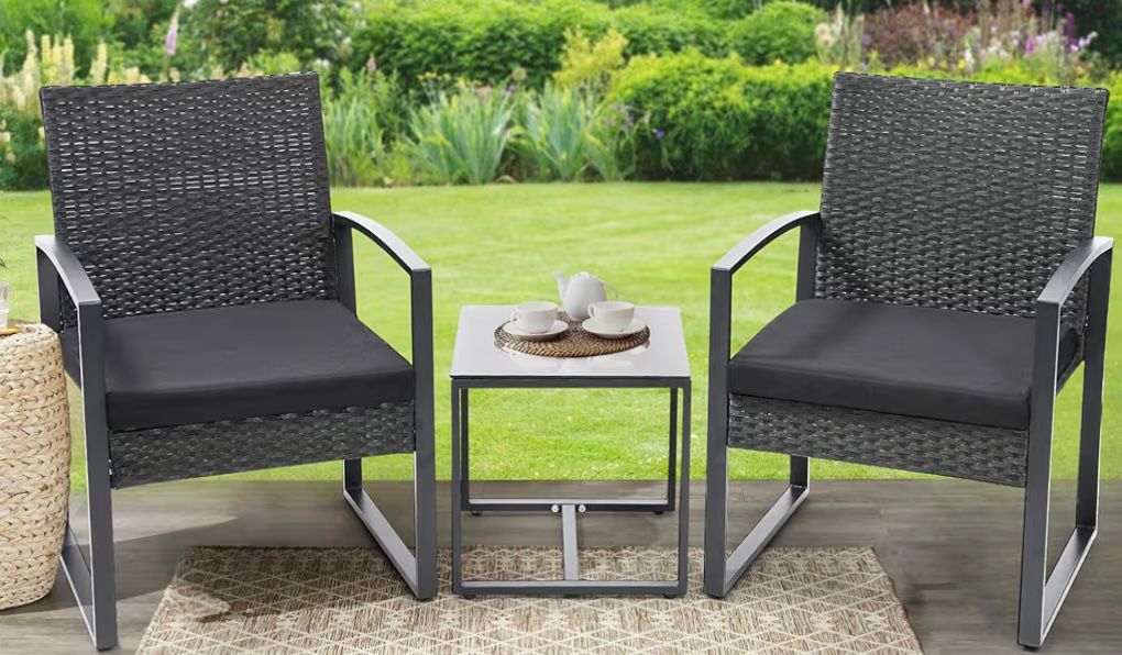 3-Piece Outdoor Wicker Bistro Set with Coffee Table - Black