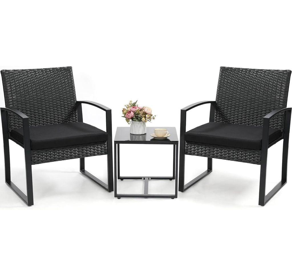 3-Piece Outdoor Wicker Bistro Set with Coffee Table - Black