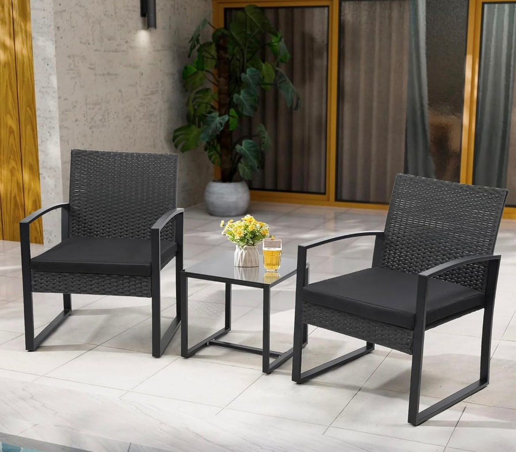 3-Piece Outdoor Wicker Bistro Set with Coffee Table - Black