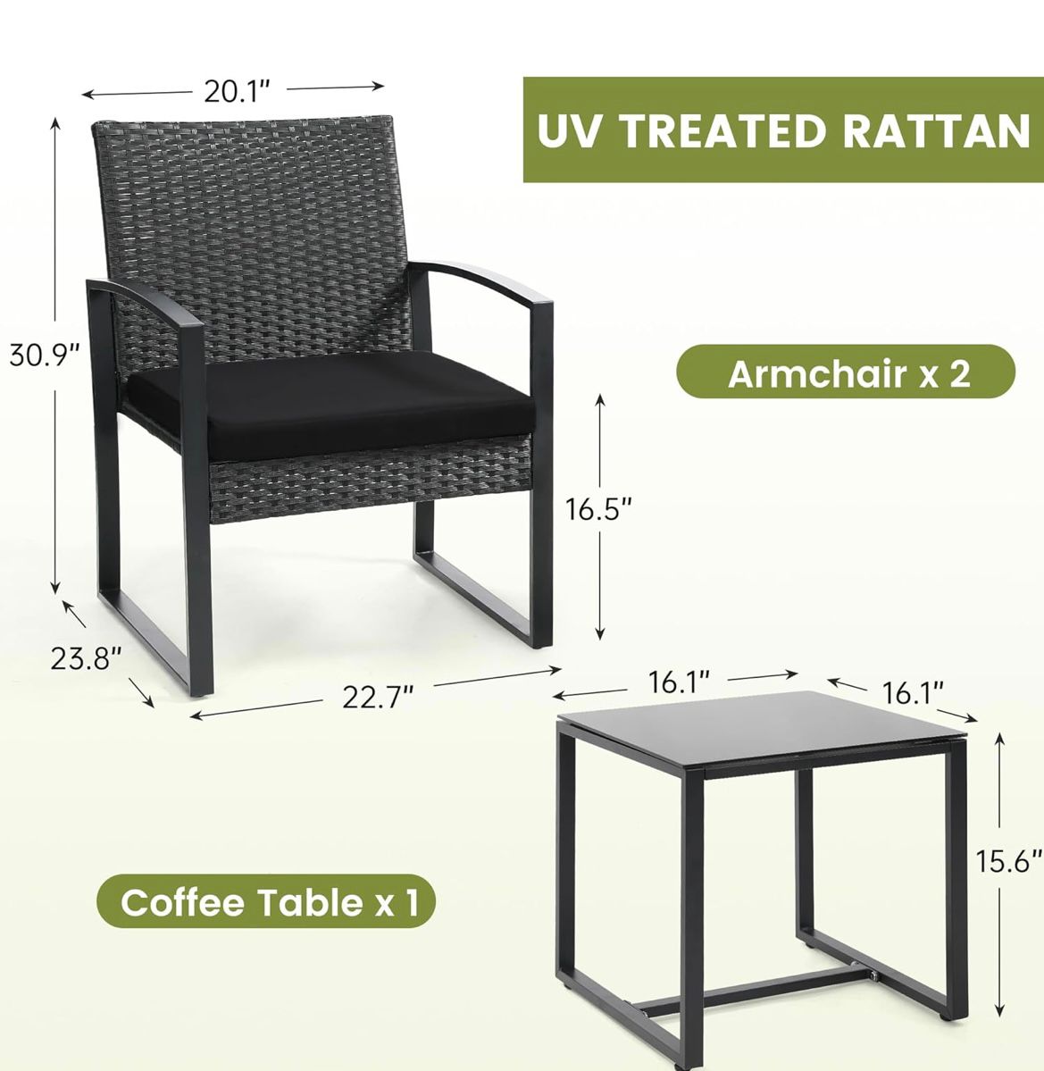 3-Piece Outdoor Wicker Bistro Set with Coffee Table - Black