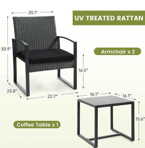 3-Piece Outdoor Wicker Bistro Set with Coffee Table - Black